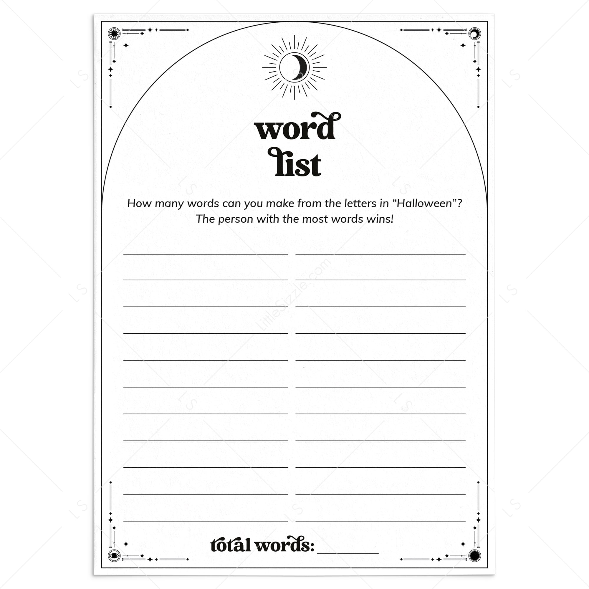 Educational Halloween Game Word List Printable by LittleSizzle