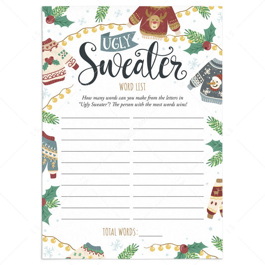 Easy Christmas Ugly Sweater Party Game Printable Word List by LittleSizzle
