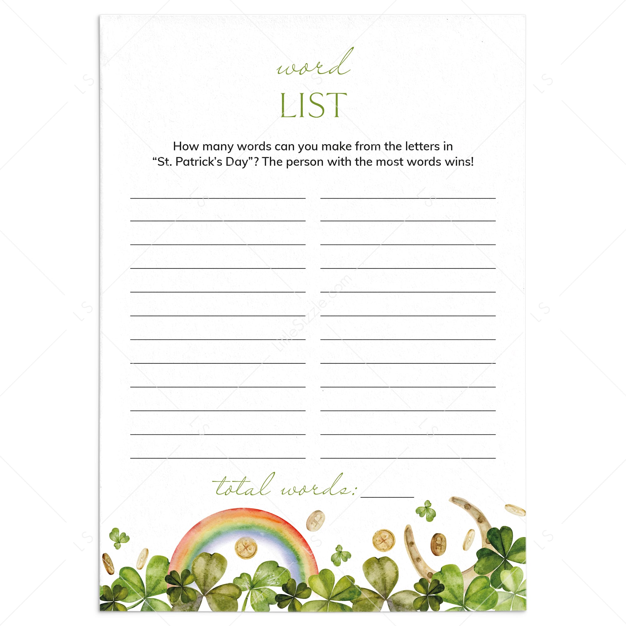 Printable St Patricks Party Game Word List by LittleSizzle