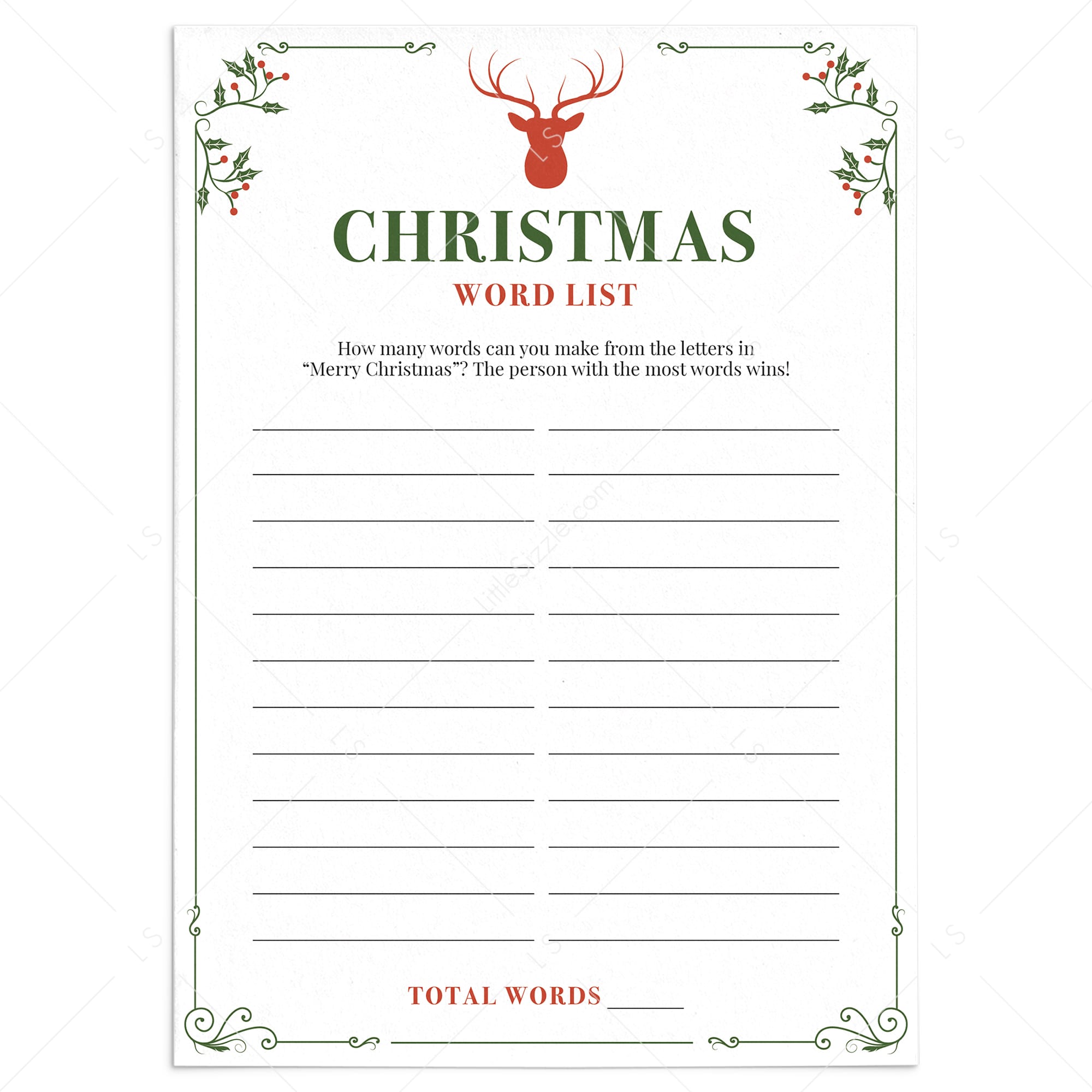 Christmas Word List Sheet Printable by LittleSizzle