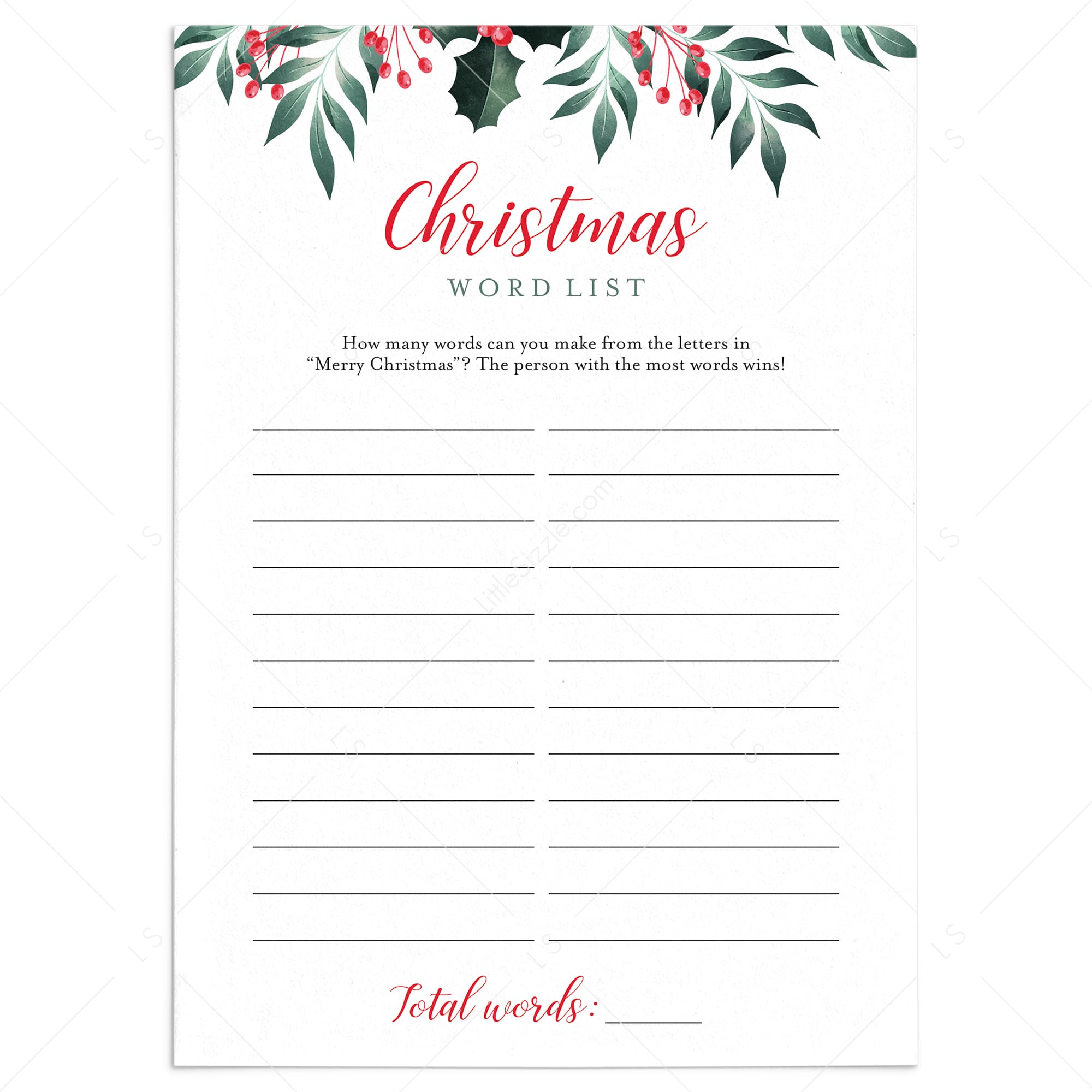 Quick Christmas Game Printable Word List by LittleSizzle