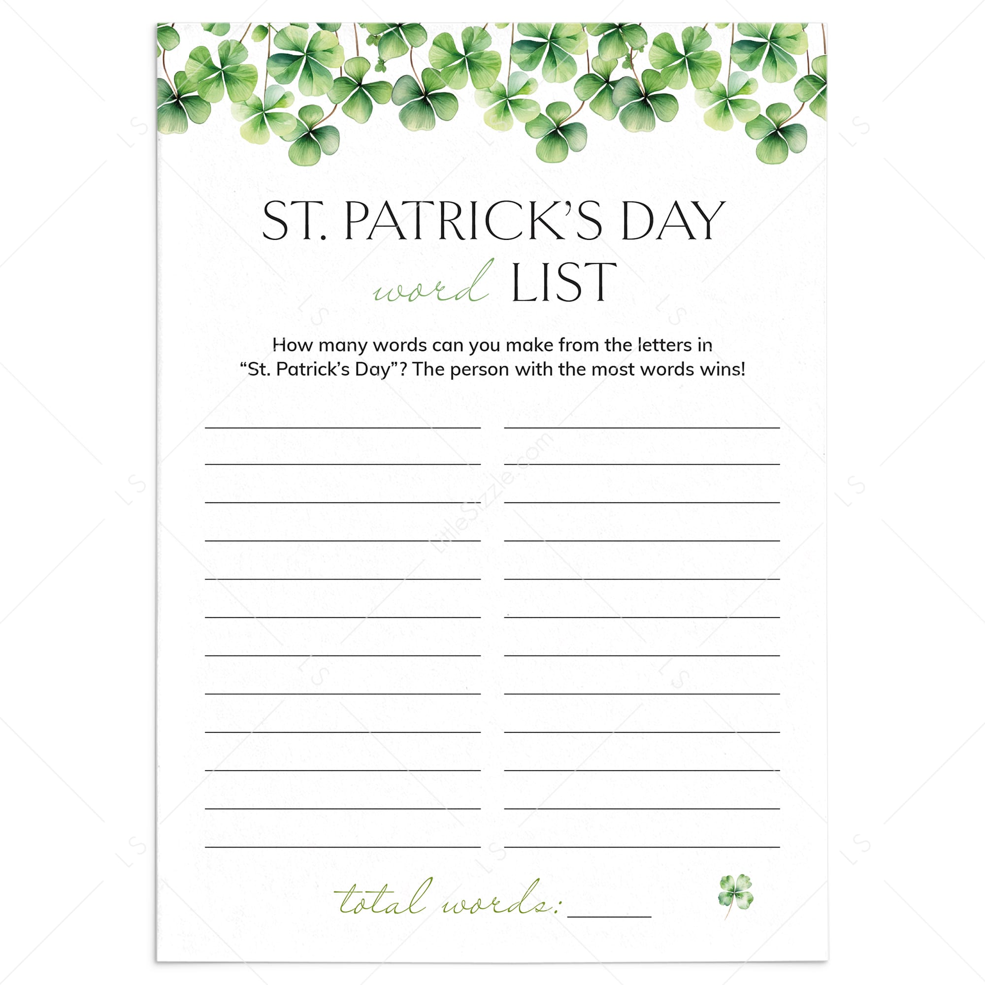 St Patty's Day Word List Printable by LittleSizzle