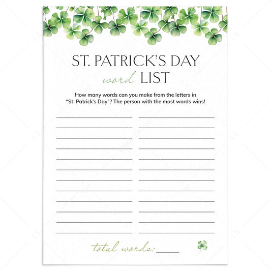 St Patty's Day Word List Printable by LittleSizzle