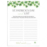 St Patty's Day Word List Printable by LittleSizzle