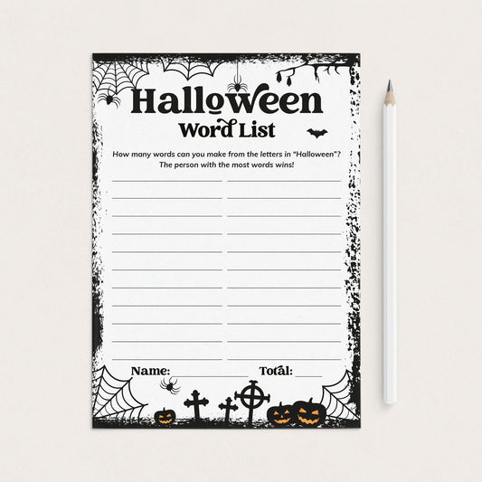 A Halloween-themed word list worksheet with black spiderwebs, bats, pumpkins, and tombstone illustrations on a white page, shown on a light beige background next to a white pencil.