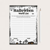 A Halloween-themed word list worksheet with black spiderwebs, bats, pumpkins, and tombstone illustrations on a white page, shown on a light beige background next to a white pencil.