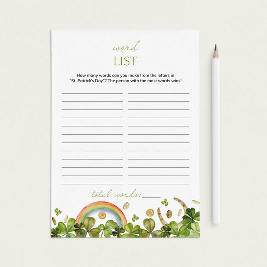 Printable St Patricks Party Game Word List by LittleSizzle