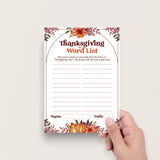 Printable Thanksgiving Family Game Word List