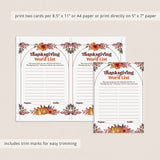 Printable Thanksgiving Family Game Word List