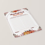 Printable Thanksgiving Family Game Word List