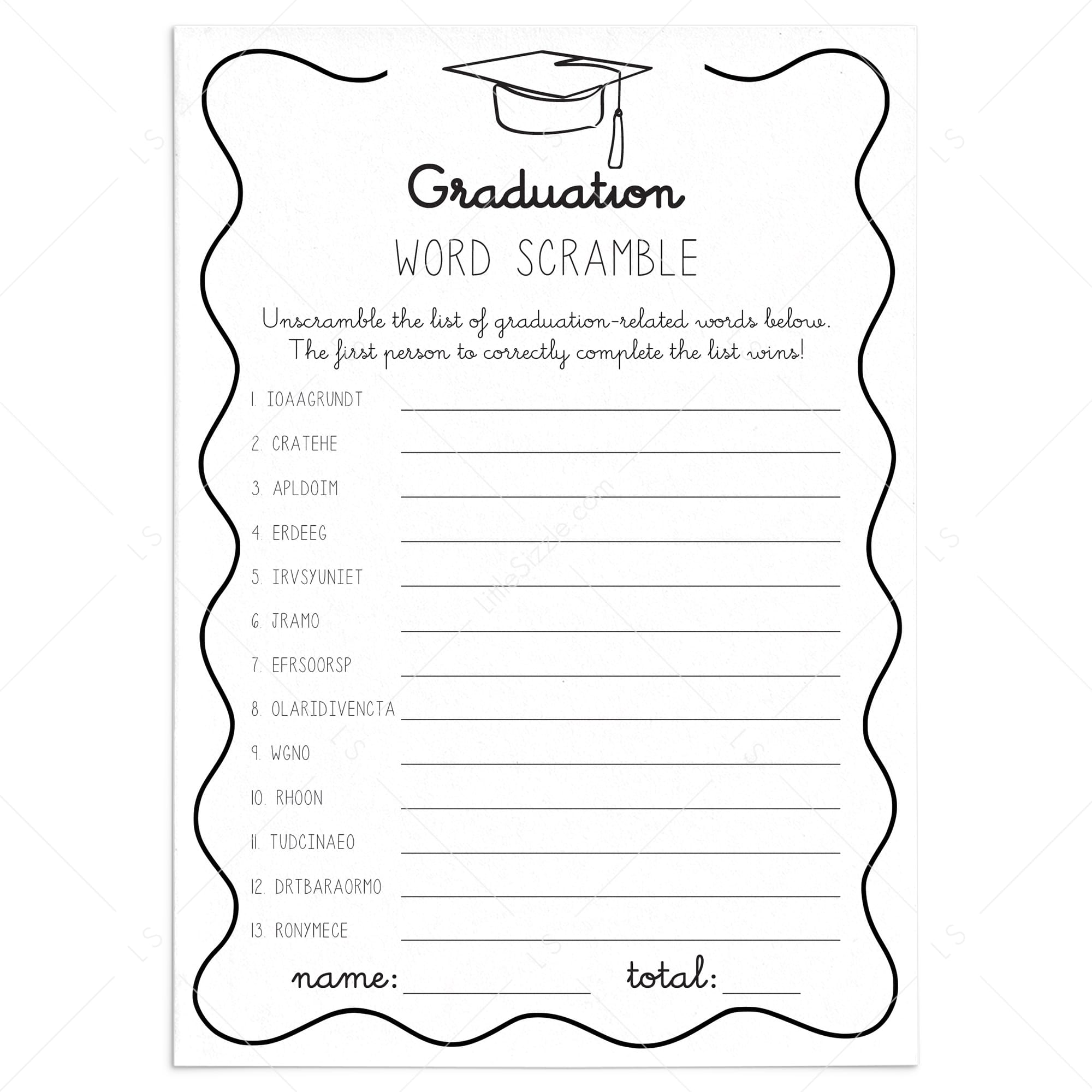 Grad Party Word Scramble Game with Answers Printable by LittleSizzle