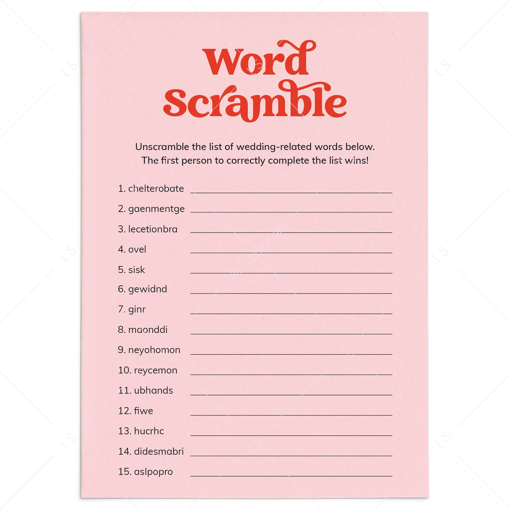 Red Pink Bridal Shower Word Scramble Answers Included Printable by LittleSizzle
