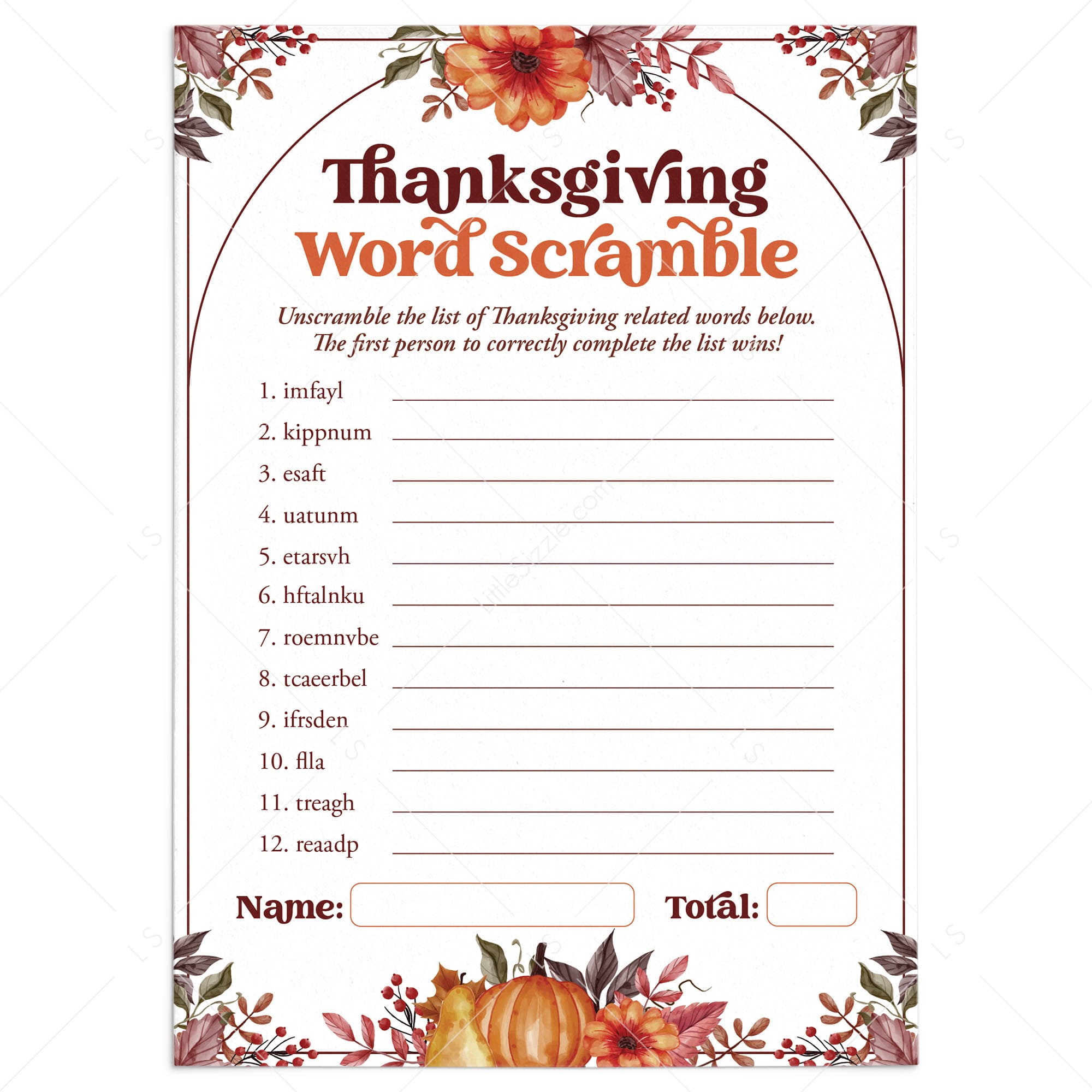 Thanksgiving Word Scramble Answers Included | Instant Download by LittleSizzle