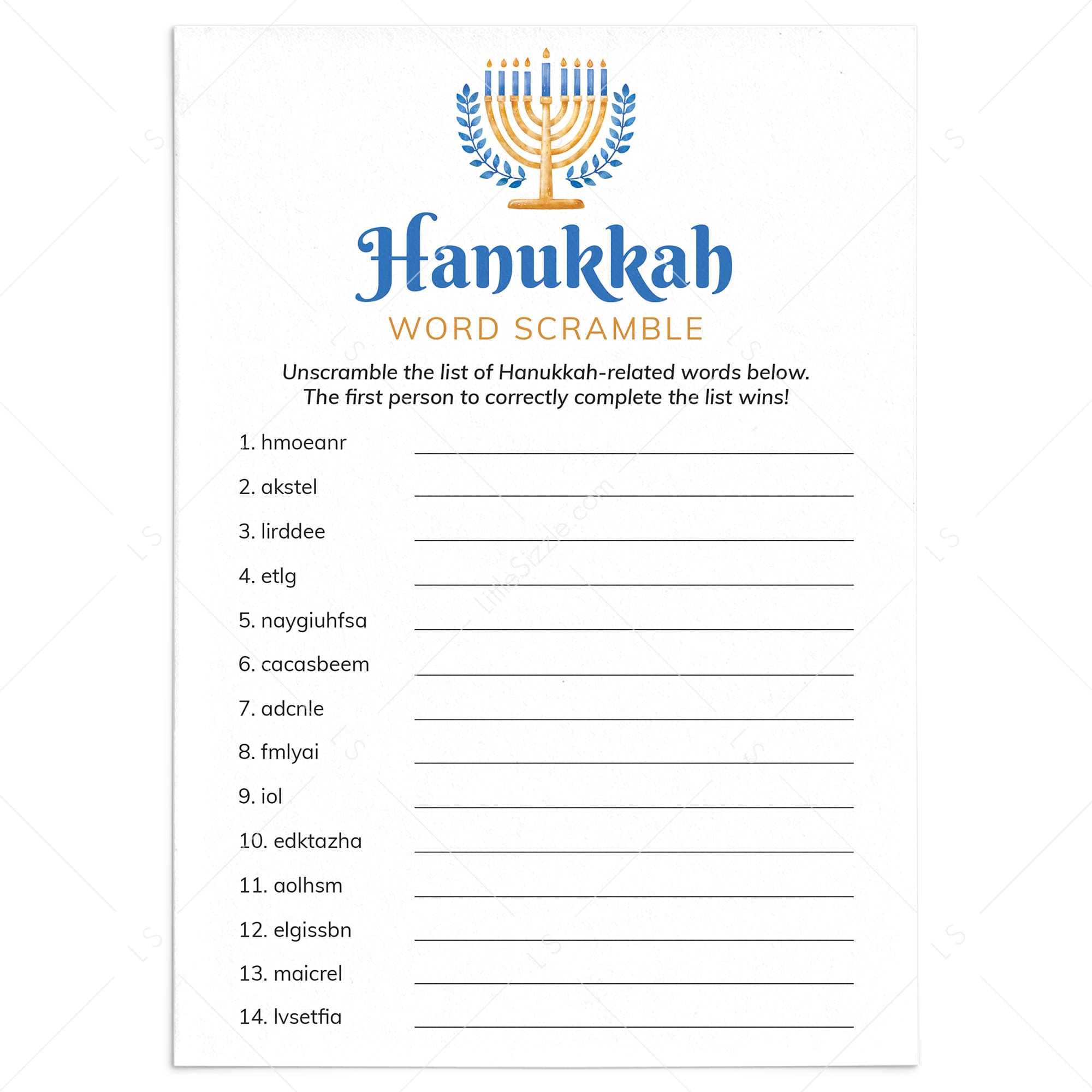 Printable Hanukkah Word Scramble with Answers by LittleSizzle