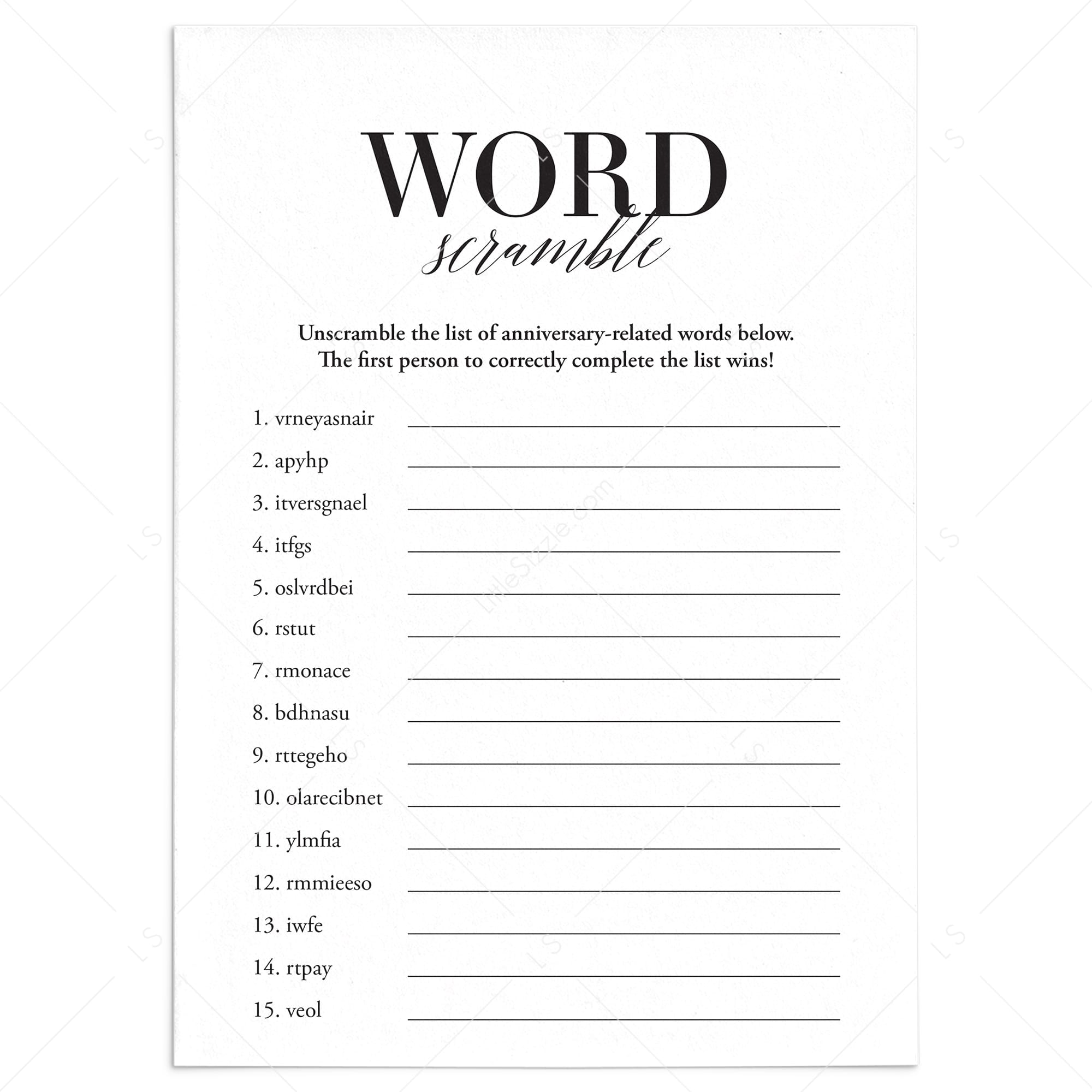 Printable Wedding Anniversary Word Scramble With Answers by LittleSizzle