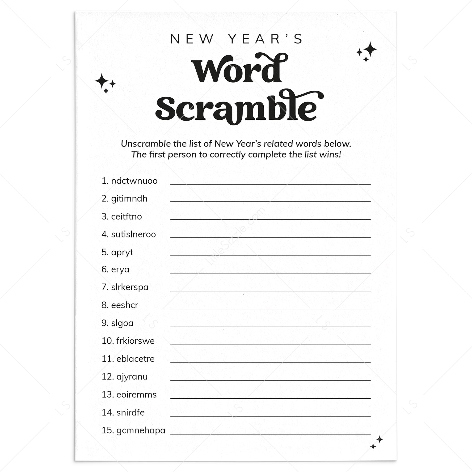 New Year's Eve Word Scramble Game with Answers Printable by LittleSizzle