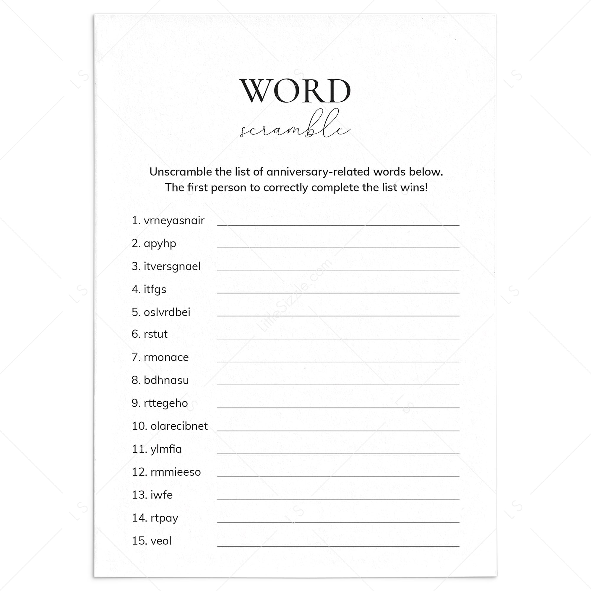 Anniversary Word Scramble Game With Answers Digital Download by LittleSizzle