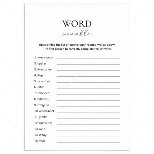 Anniversary Word Scramble Game With Answers Digital Download by LittleSizzle