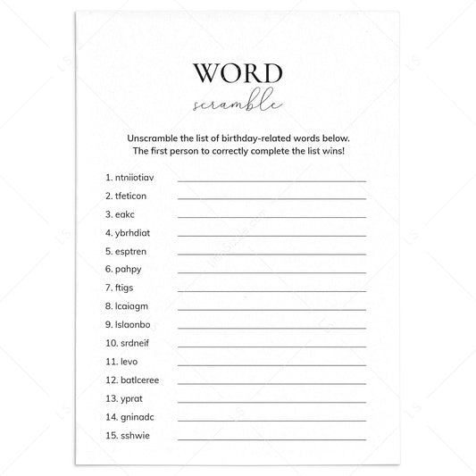 Birthday Party Game Word Scramble Answers Included Printable by LittleSizzle