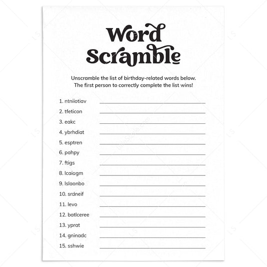 Birthday Party Word Scramble Printable by LittleSizzle