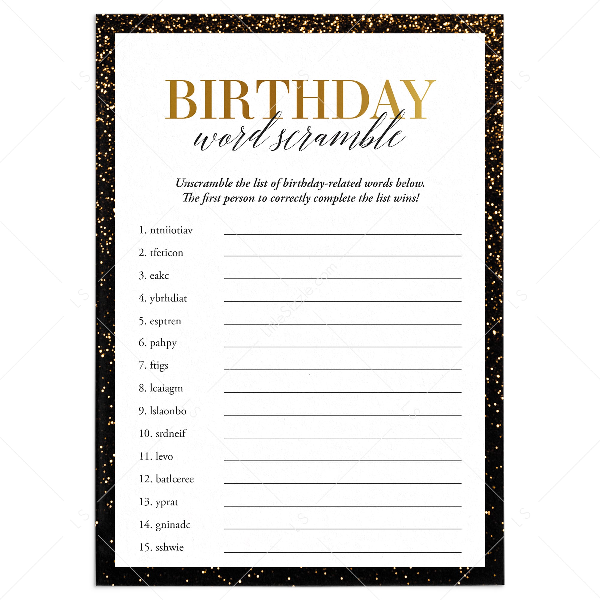 Black and Gold Theme Birthday Word Scramble Game Printable by LittleSizzle
