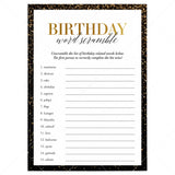 Black and Gold Theme Birthday Word Scramble Game Printable by LittleSizzle
