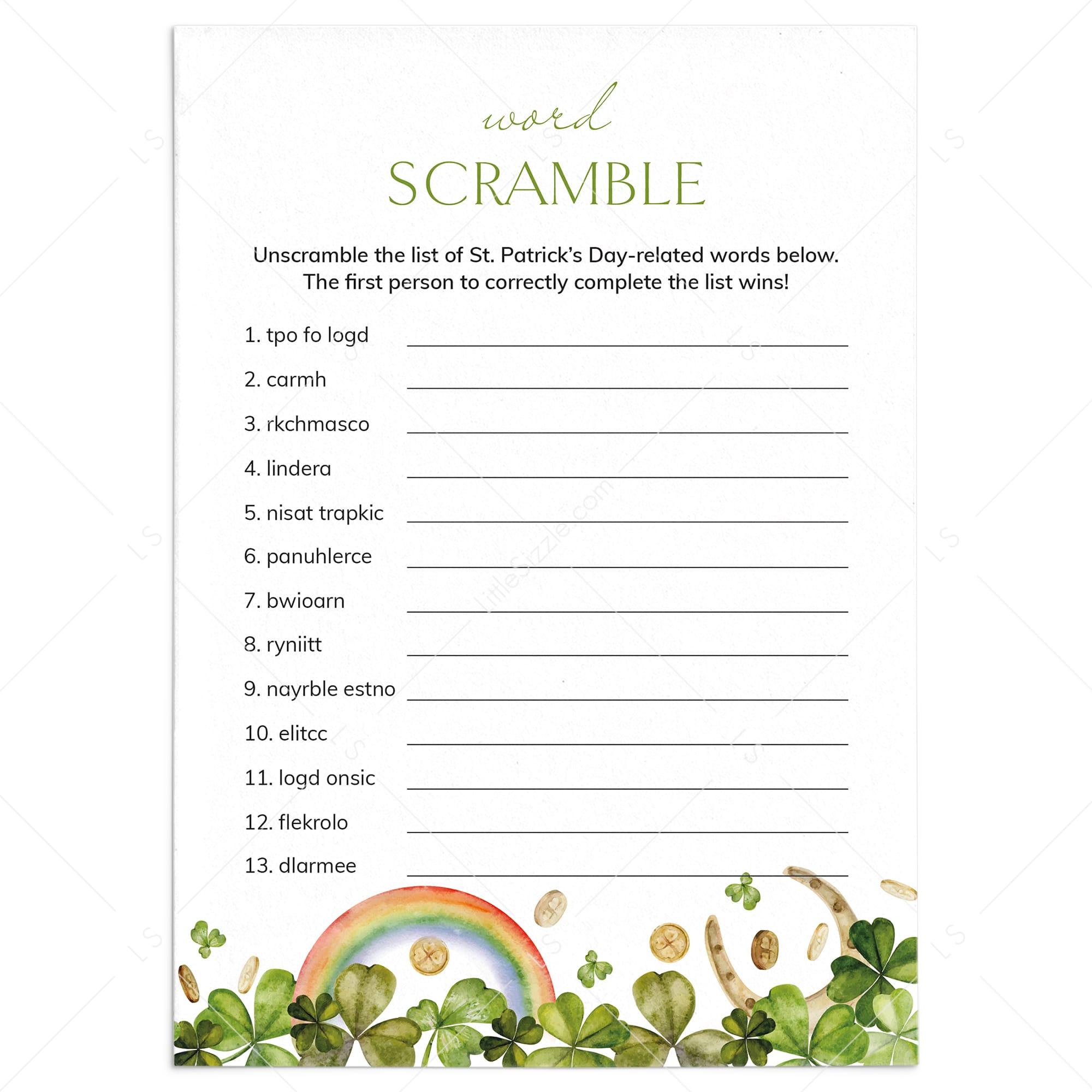 St Paddys Day Word Scramble Worksheet Printable by LittleSizzle