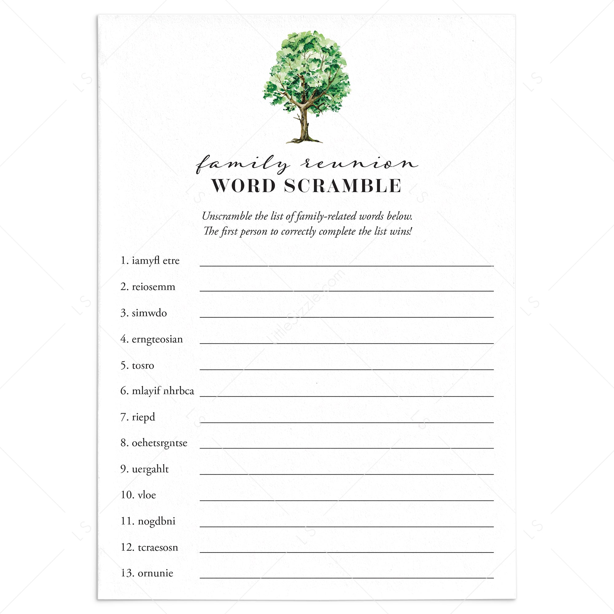 Family Reunion Word Scramble with Answer Key Instant Download by LittleSizzle