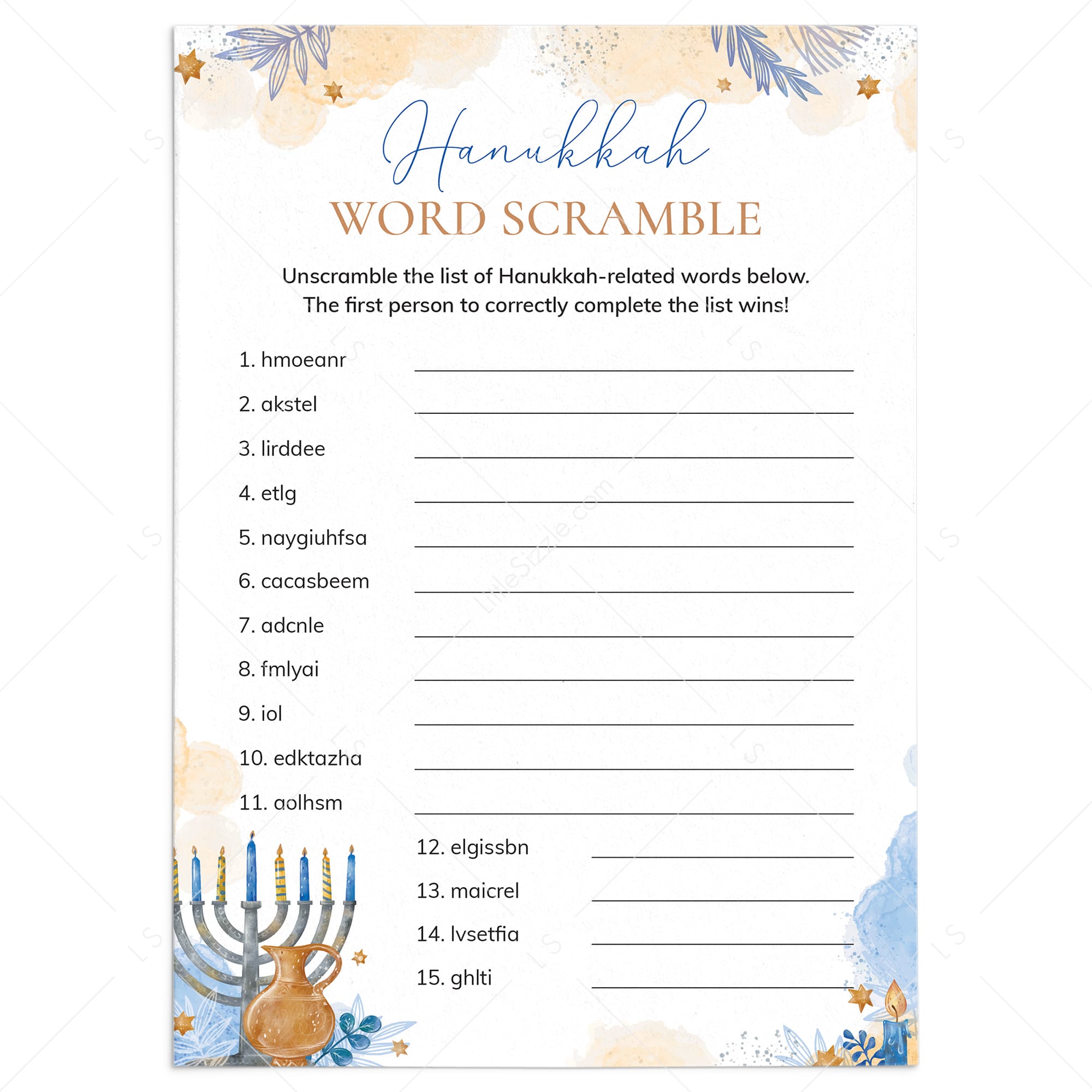 Hanukkah Word Scramble with Answer Key Printable by LittleSizzle