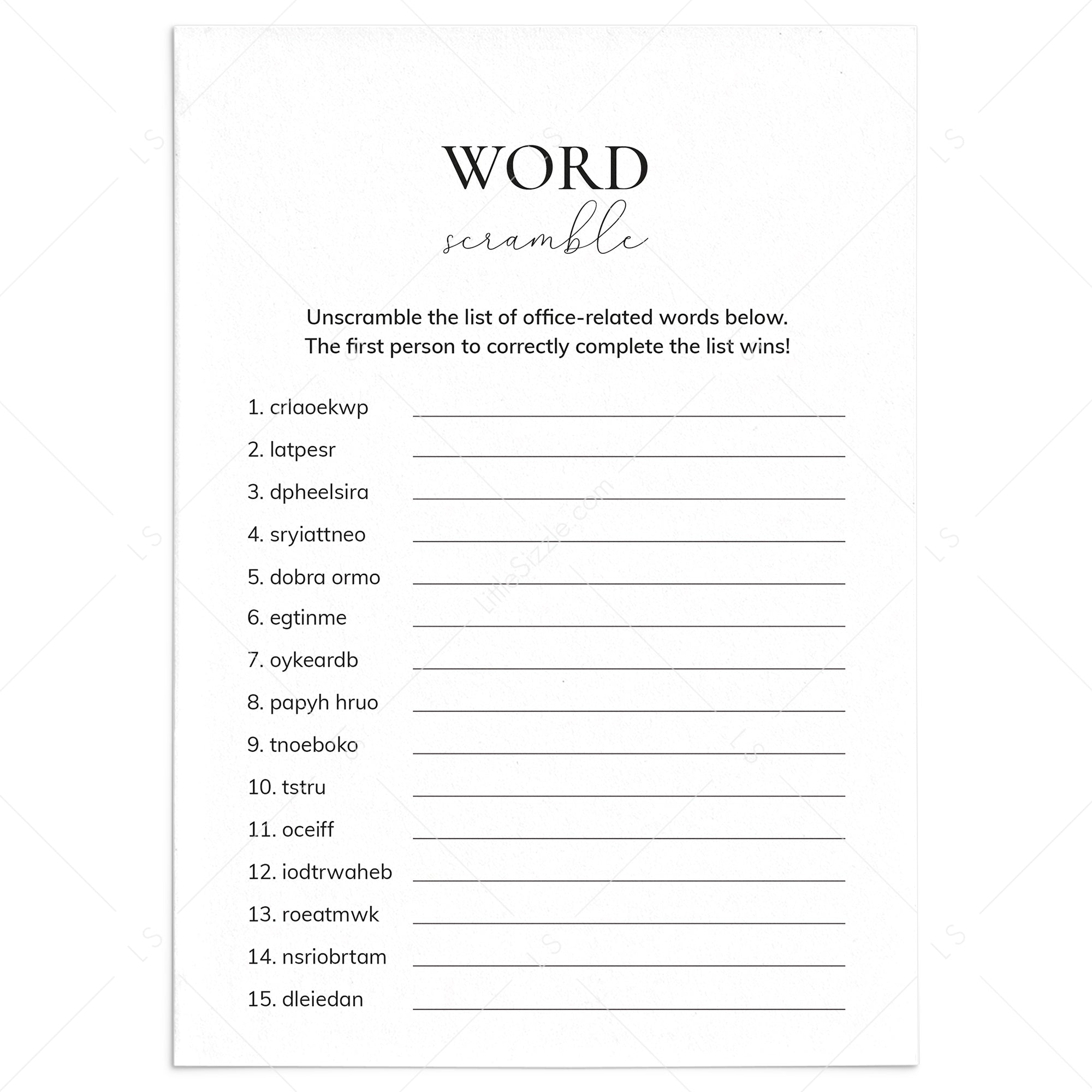 Printable Office Word Scramble Game With Answers by LittleSizzle