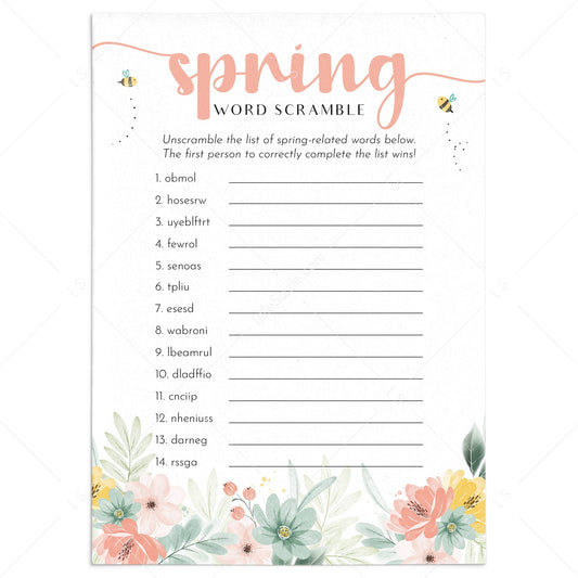 Spring Word Scramble with Answer Key Printable by LittleSizzle