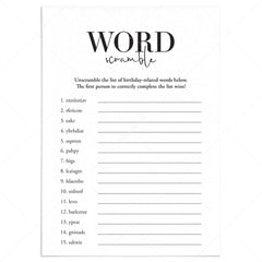 Black and White Birthday Word Scramble Game Printable by LittleSizzle