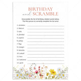 Wildflower Birthday Word Scramble Game with Answers Printable by LittleSizzle