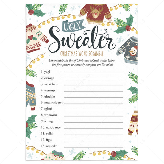 Printable Ugly Christmas Sweater Party Game Word Scramble with Answers by LittleSizzle