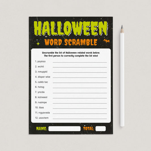 A Halloween-themed word scramble worksheet card with a black distressed background, large yellow and orange 'HALLOWEEN WORD SCRAMBLE' text, and a list of unscrambled words on a white writing area. A white pencil lies to the right on a light beige surface.