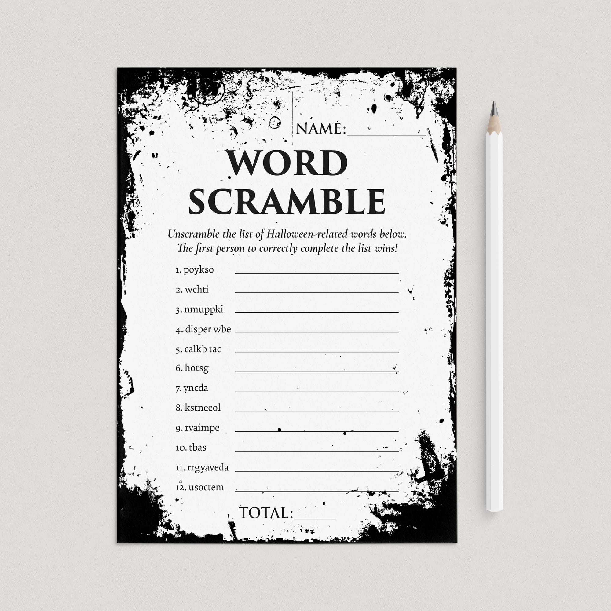 Black and White Halloween Word Scramble Game Printable Distressed by LittleSizzle