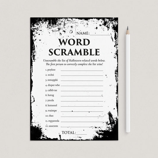 Black and White Halloween Word Scramble Game Printable Distressed by LittleSizzle