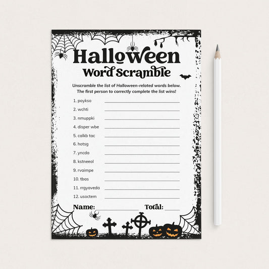 A printable Halloween word scramble worksheet with a black spiderweb border, spooky illustrations, and a list of words to unscramble, shown on a light beige background with a white pencil beside it.