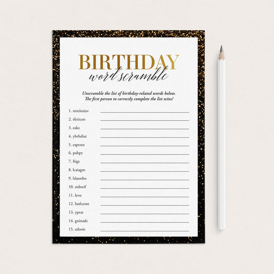 Black and Gold Theme Birthday Word Scramble Game Printable by LittleSizzle