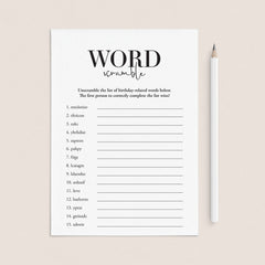 Black and White Birthday Word Scramble Game Printable by LittleSizzle