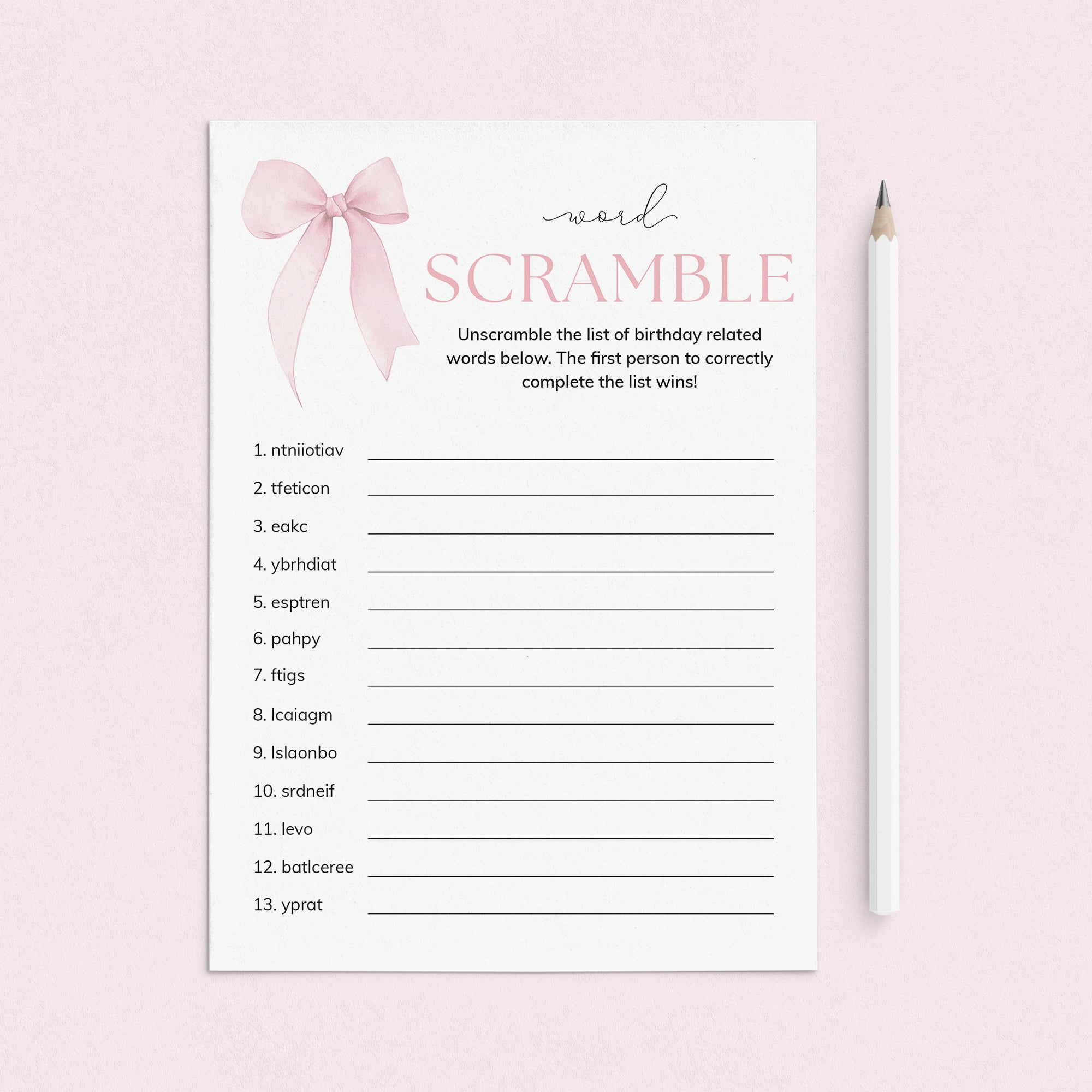 Coquette Birthday Party Game Word Scramble Printable by LittleSizzle