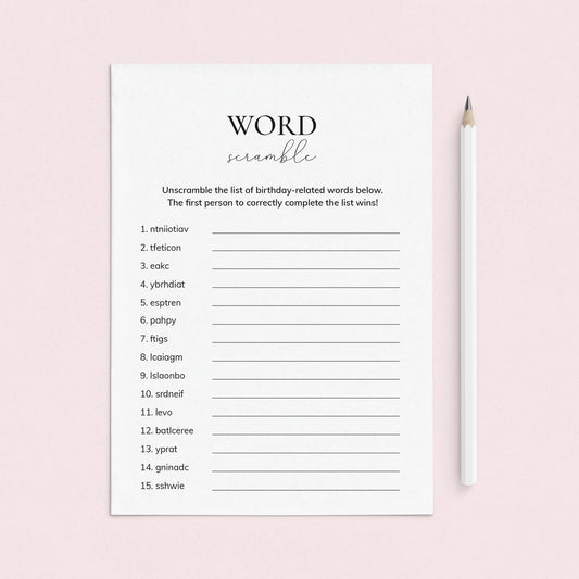 Birthday Party Game Word Scramble Answers Included Printable by LittleSizzle