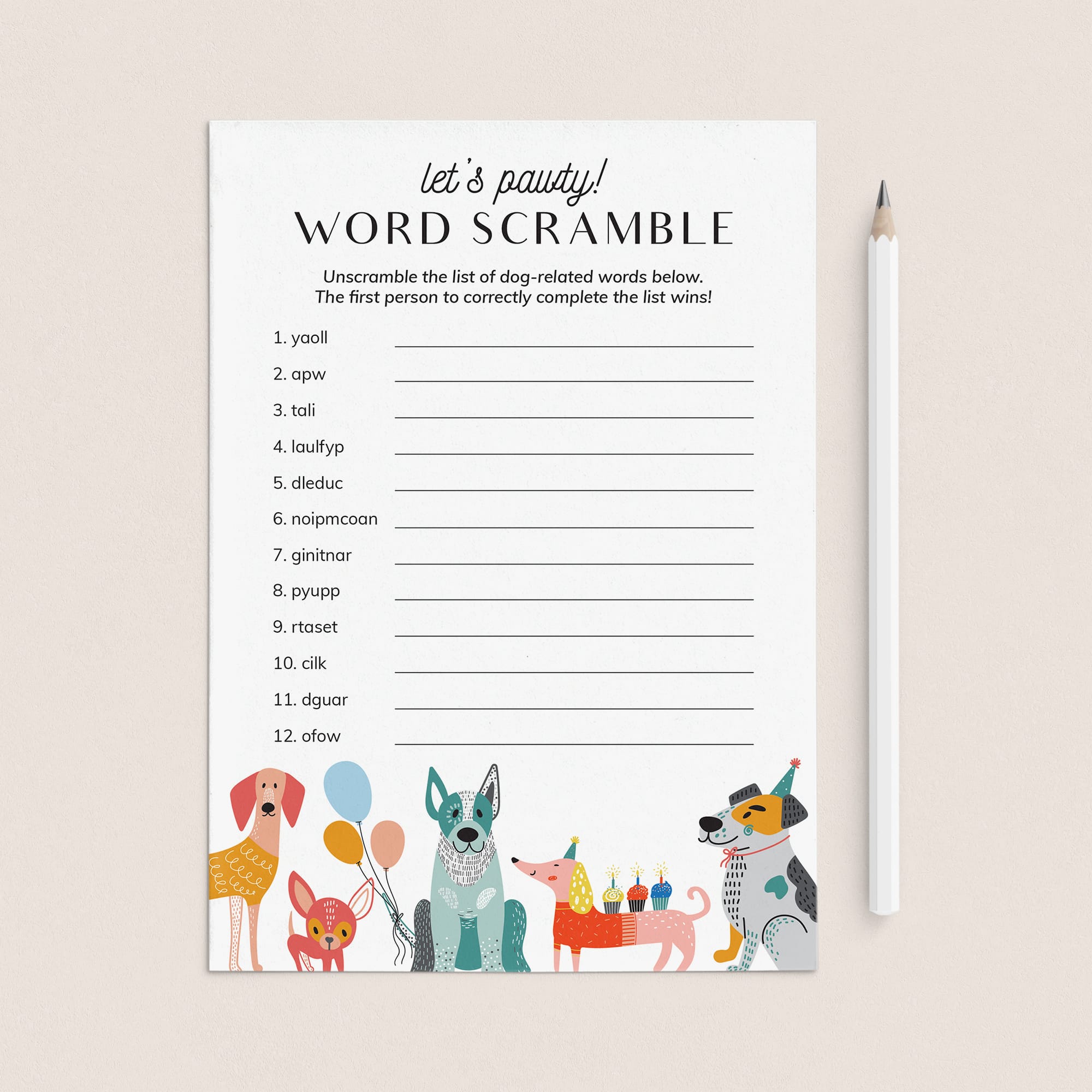 Dog Party Game Word Scramble with Answer Key by LittleSizzle