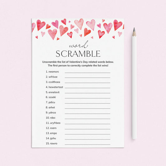 Valentines Day Word Scramble Printable Game with Answers by LittleSizzle