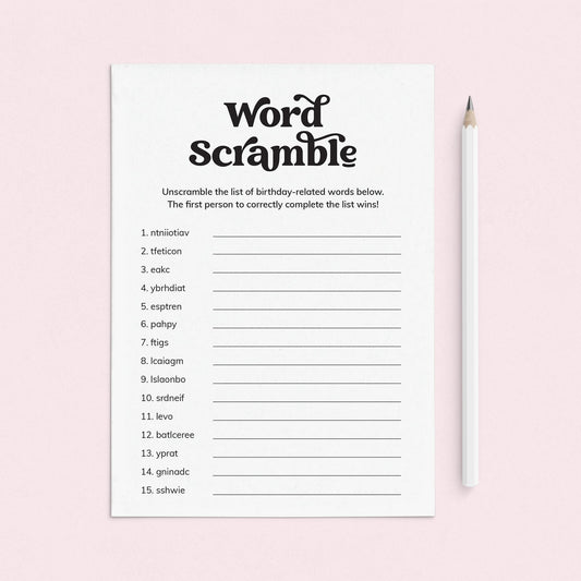 Birthday Party Word Scramble Printable by LittleSizzle