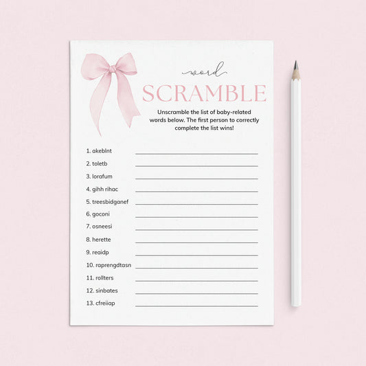 Coquette Baby Shower Word Scramble Game Printable by LittleSizzle