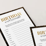 Black and Gold Theme Birthday Word Scramble Game Printable