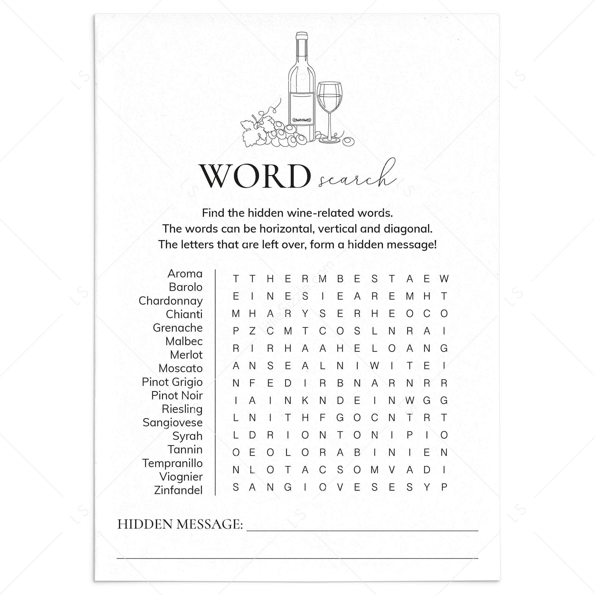 Wine Party Word Find Game with Answer Sheet by LittleSizzle