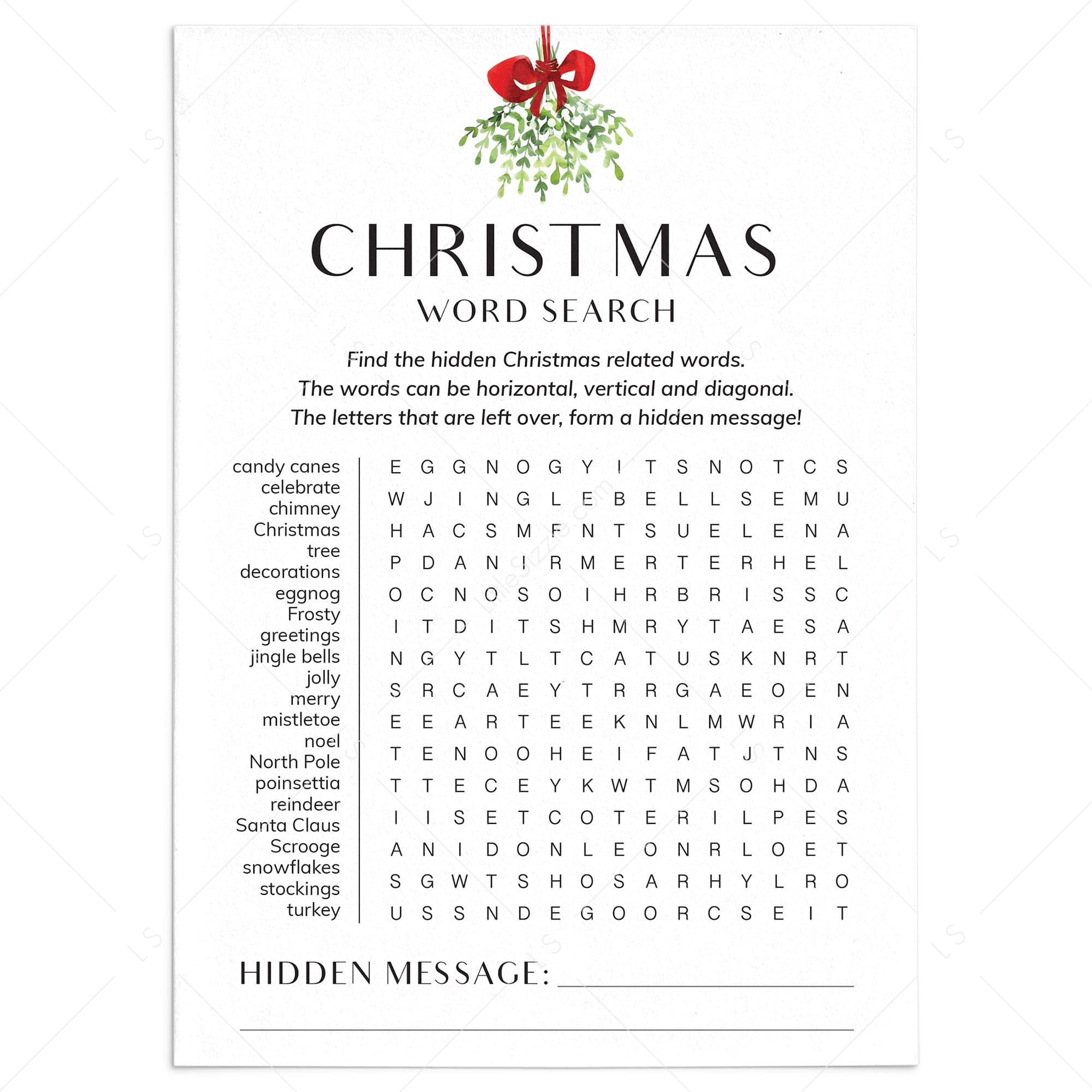 Christmas Word Search Printable with Hidden Message by LittleSizzle