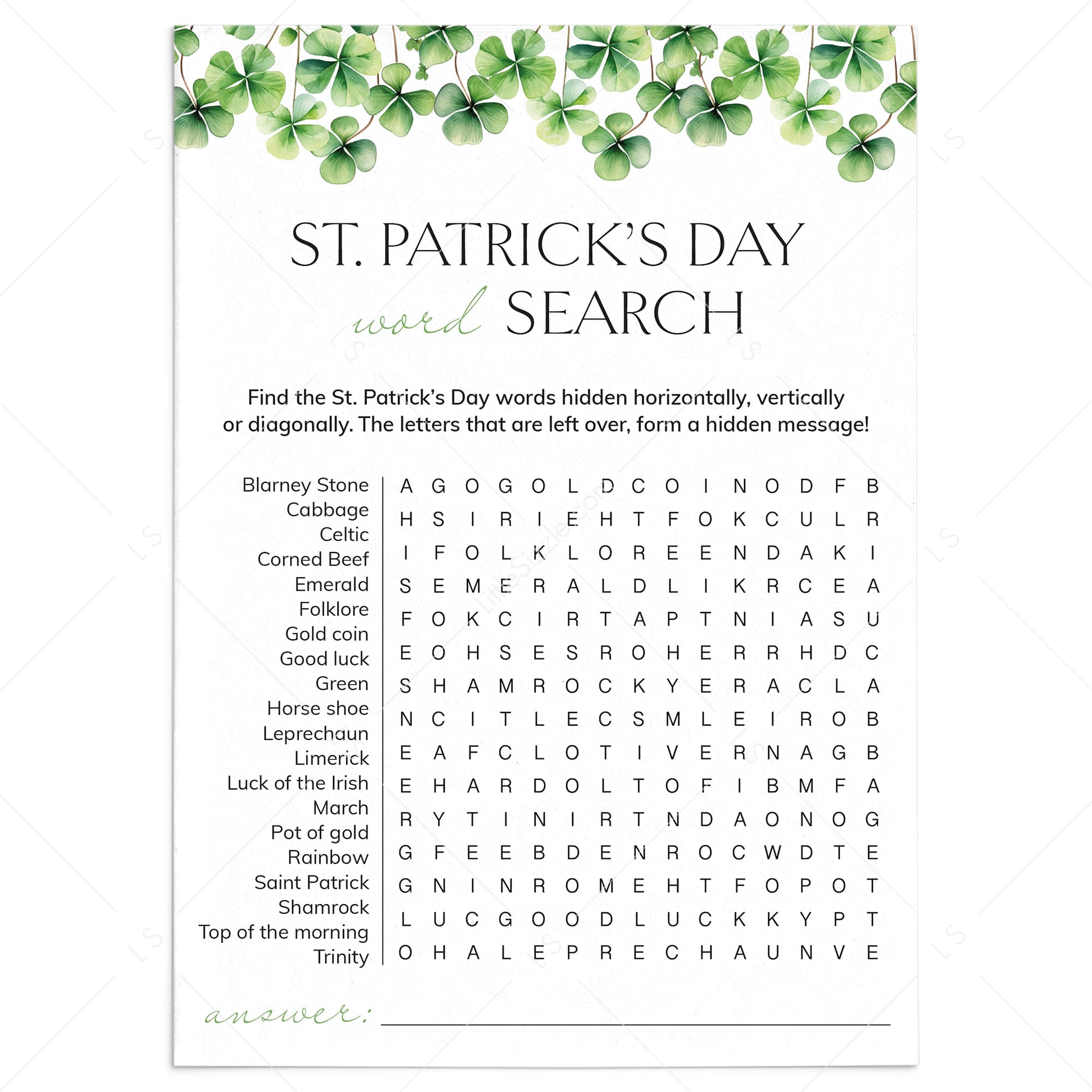 St Patricks Theme Word Search Printable by LittleSizzle